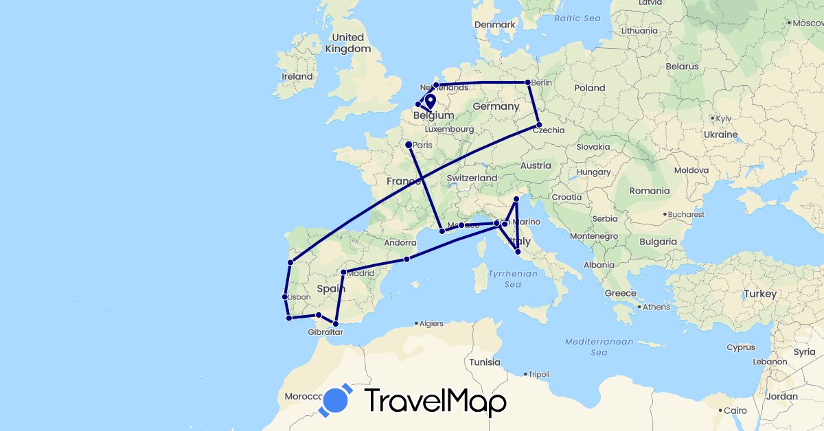 TravelMap itinerary: driving in Belgium, Czech Republic, Germany, Spain, France, Italy, Netherlands, Portugal (Europe)